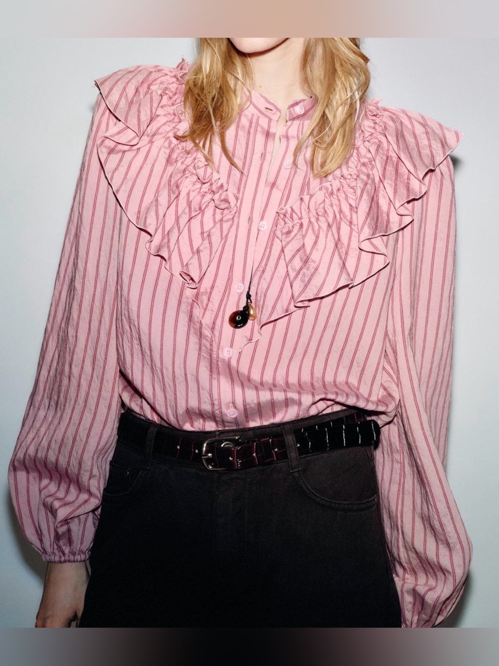 Zara Pink Striped Ruffled Button-Front Blouse